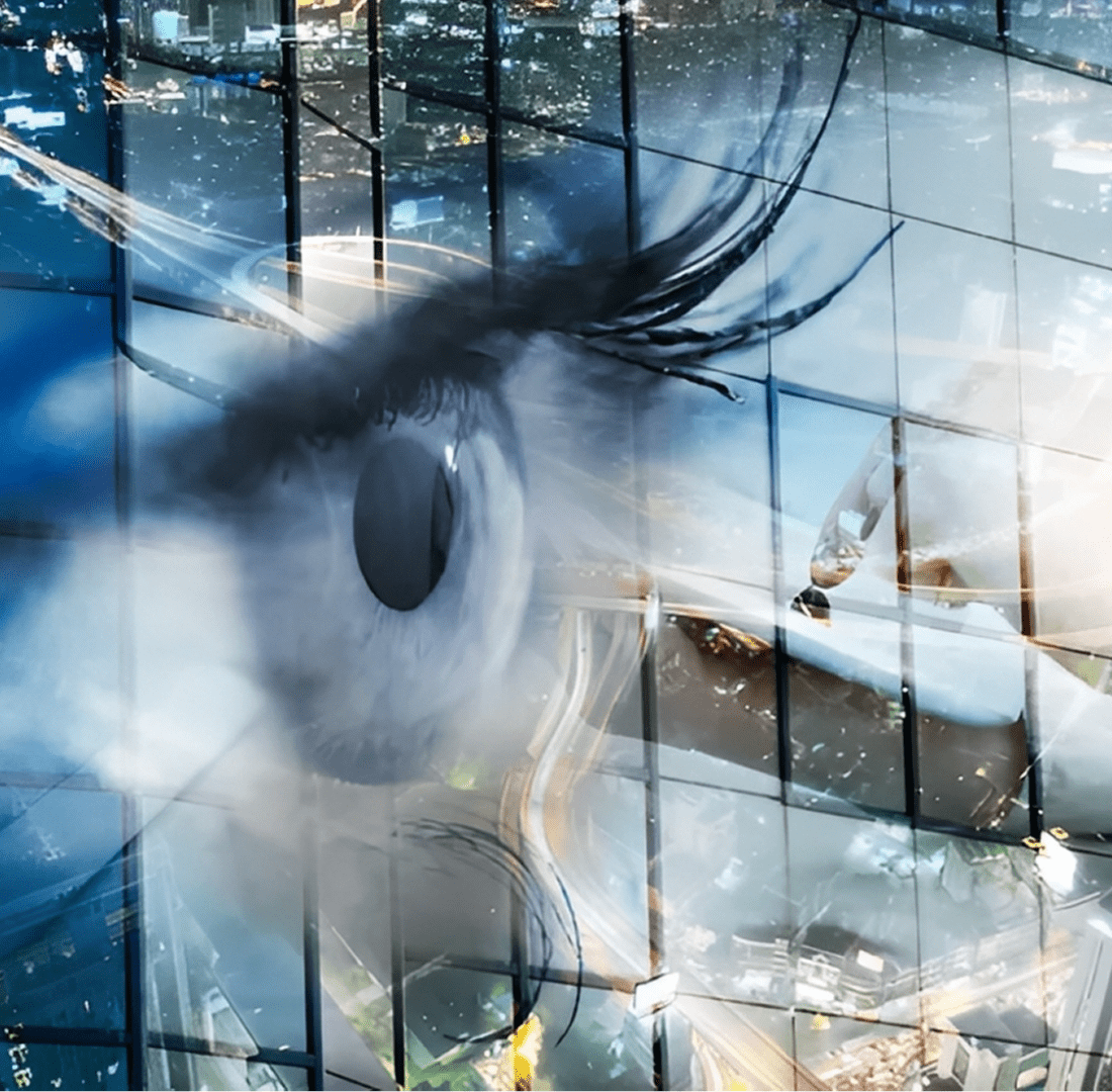 Close-up of an eye with abstract reflections and architectural elements.