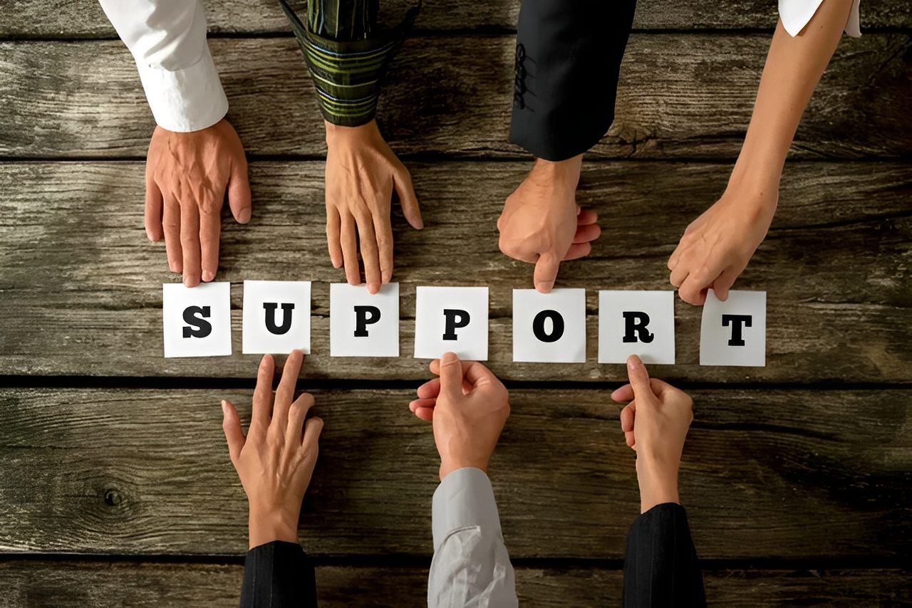 Diverse hands holding letter cards spelling SUPPORT on wooden table.